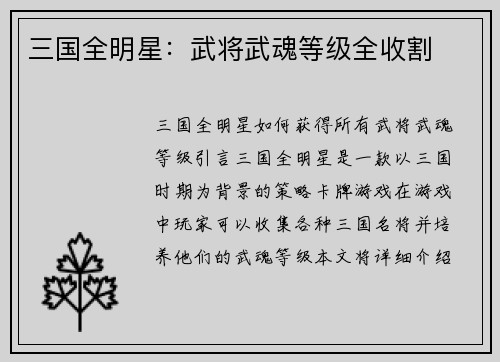 三国全明星：武将武魂等级全收割